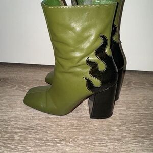 Olive Green Leather Mid-Calf Heeled Boots with Black Flame Accent